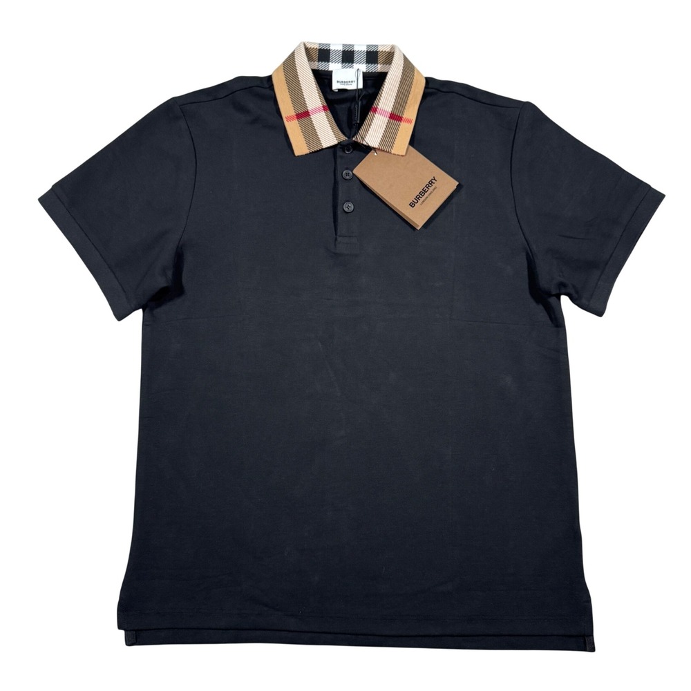 Burberry Polo Shirt Mens Medium Black Check Collar Pique Short Sleeve New